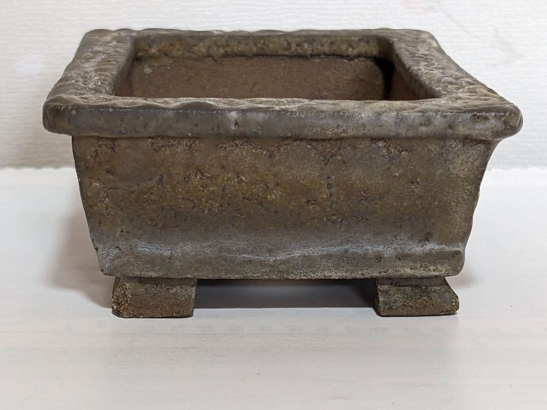 ♦小品盆栽鉢 辰山の釘彫り印 長方形四足ミニ盆栽鉢？中国 国内 古美術骨董品
