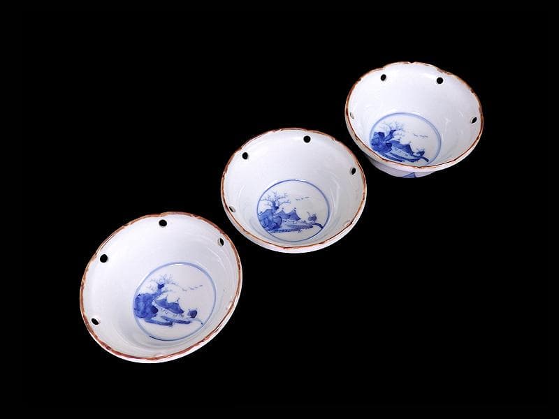 伊万里　染付　雪輪　東屋に山水の図　向付　３客　AS-fbts