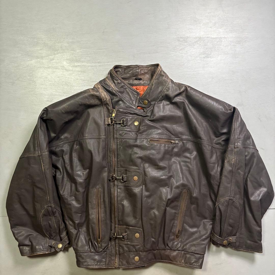 vintage レザーファイヤーマンジャケット　本革オールレザー　短丈　牛革　L