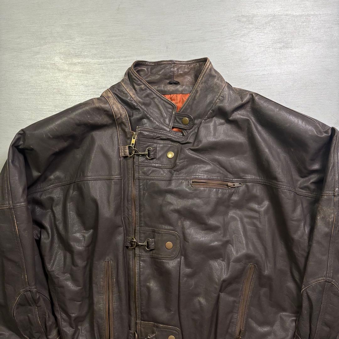 vintage レザーファイヤーマンジャケット　本革オールレザー　短丈　牛革　L