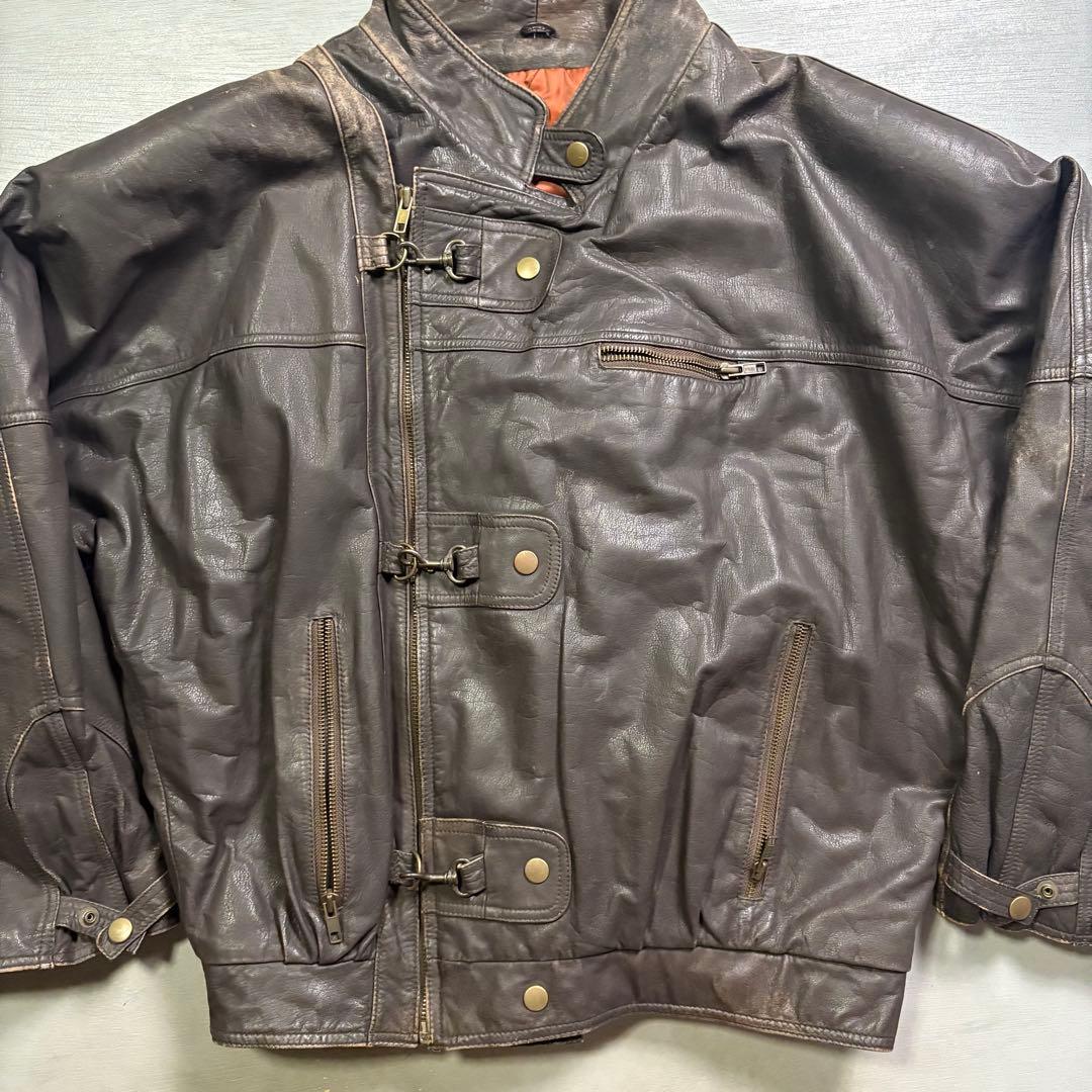 vintage レザーファイヤーマンジャケット　本革オールレザー　短丈　牛革　L