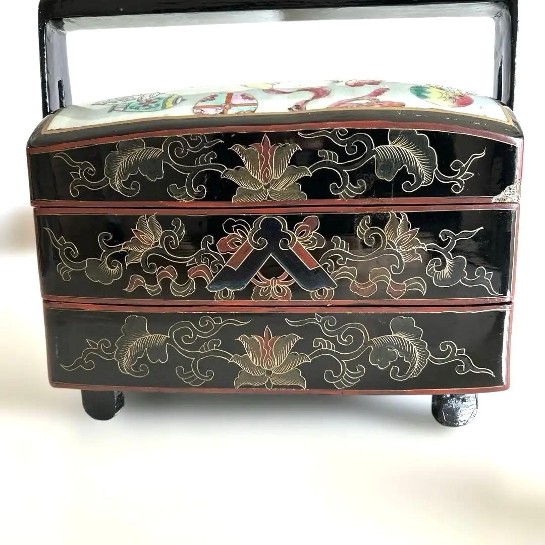 ヴィンテージ中国製漆塗り3段重箱、多彩な花柄