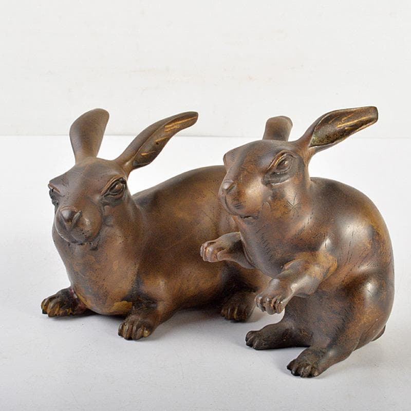 ブロンズ像　古銅　うさぎ　兎　一對　置物　重さ合計約2076g　D　R7486