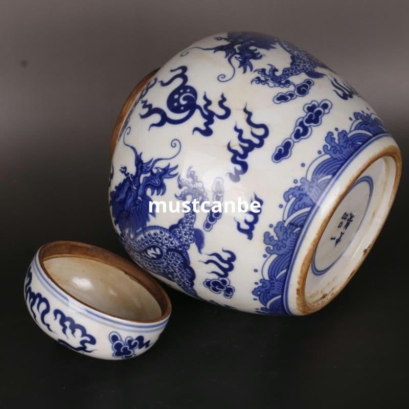 清康熙鯖双龍戯珠紋蓋缶 景徳鎮 陶磁器 装飾品 現代工芸品 置物