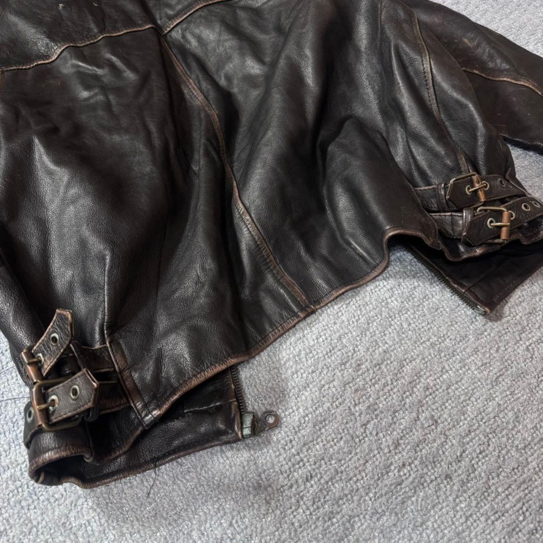 茶芯 ユーロ ヴィンテージ シングルライダース レザージャケット 古着 ブラウン
