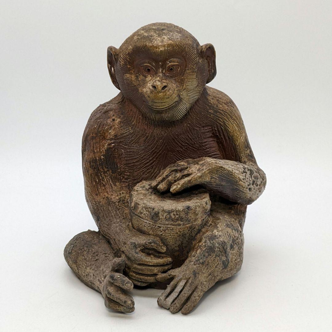 藤原陶臣 備前焼 申置物 猿 サル 縁起物 細工物 太鼓 工芸品 在銘 オブジェ