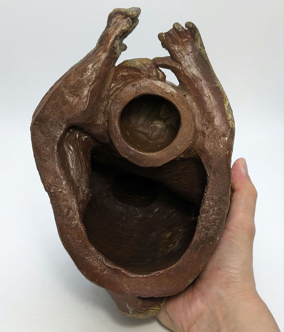 藤原陶臣 備前焼 申置物 猿 サル 縁起物 細工物 太鼓 工芸品 在銘 オブジェ