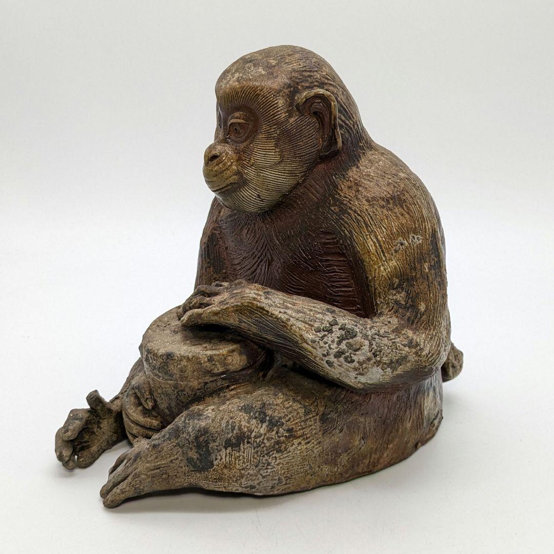 藤原陶臣 備前焼 申置物 猿 サル 縁起物 細工物 太鼓 工芸品 在銘 オブジェ