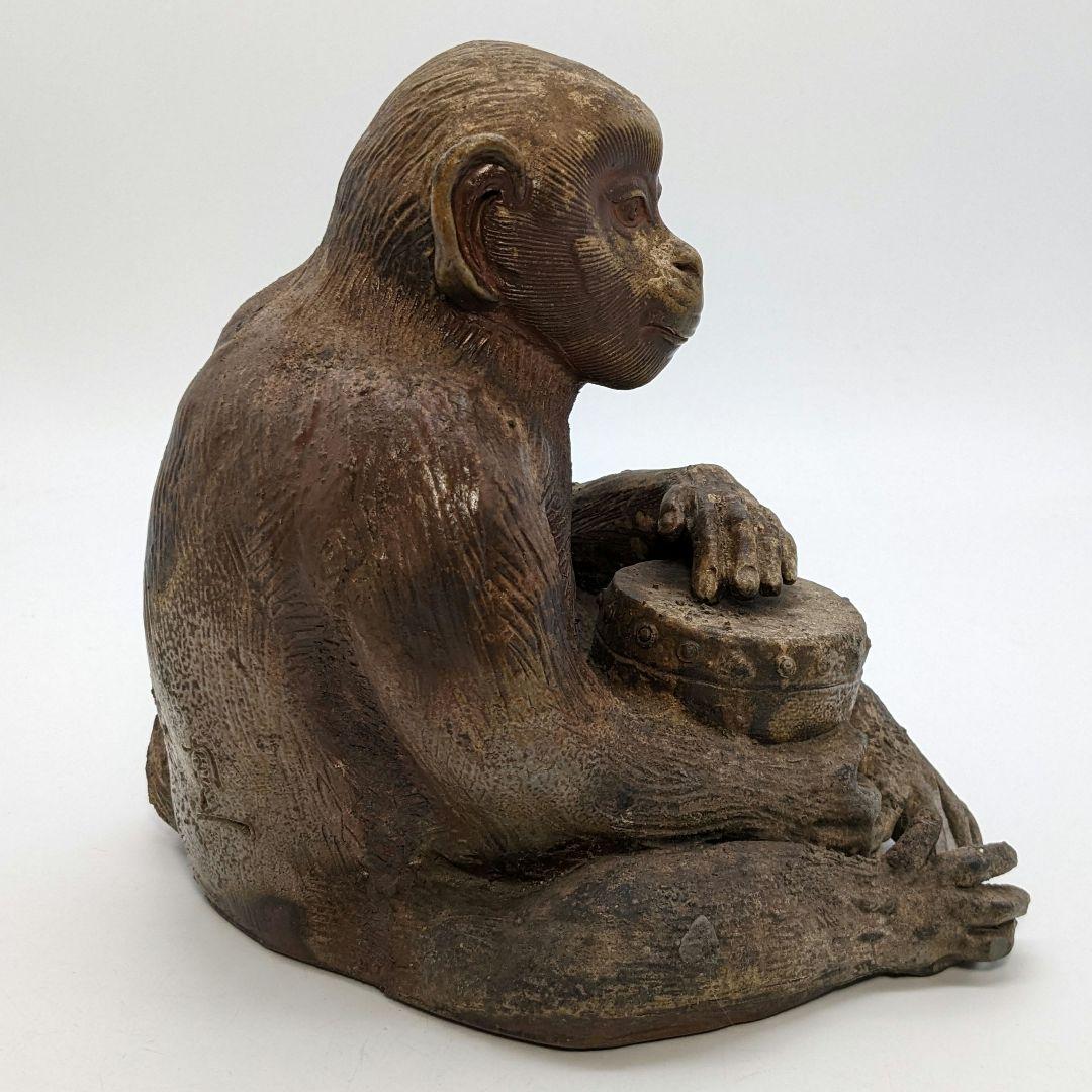 藤原陶臣 備前焼 申置物 猿 サル 縁起物 細工物 太鼓 工芸品 在銘 オブジェ