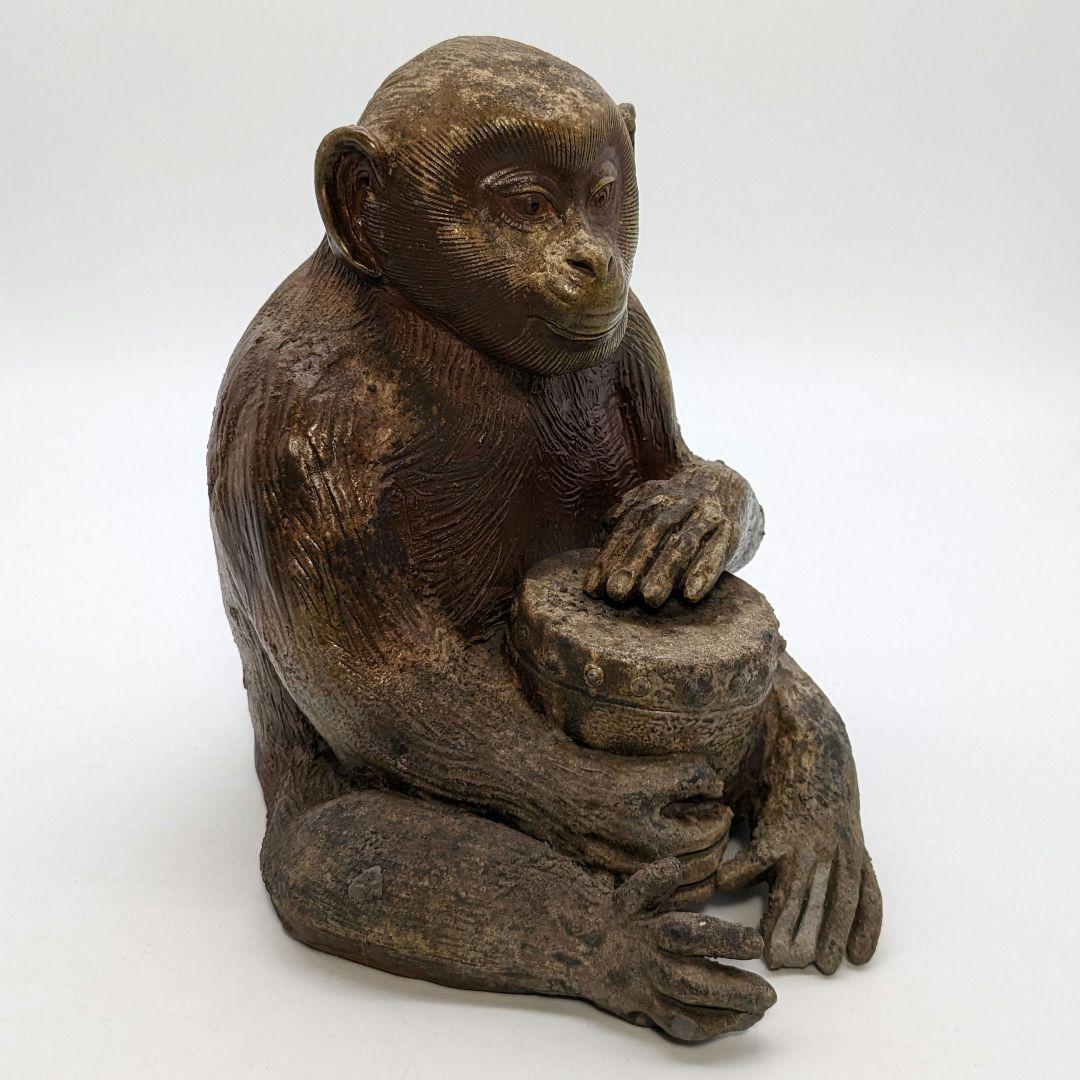 藤原陶臣 備前焼 申置物 猿 サル 縁起物 細工物 太鼓 工芸品 在銘 オブジェ