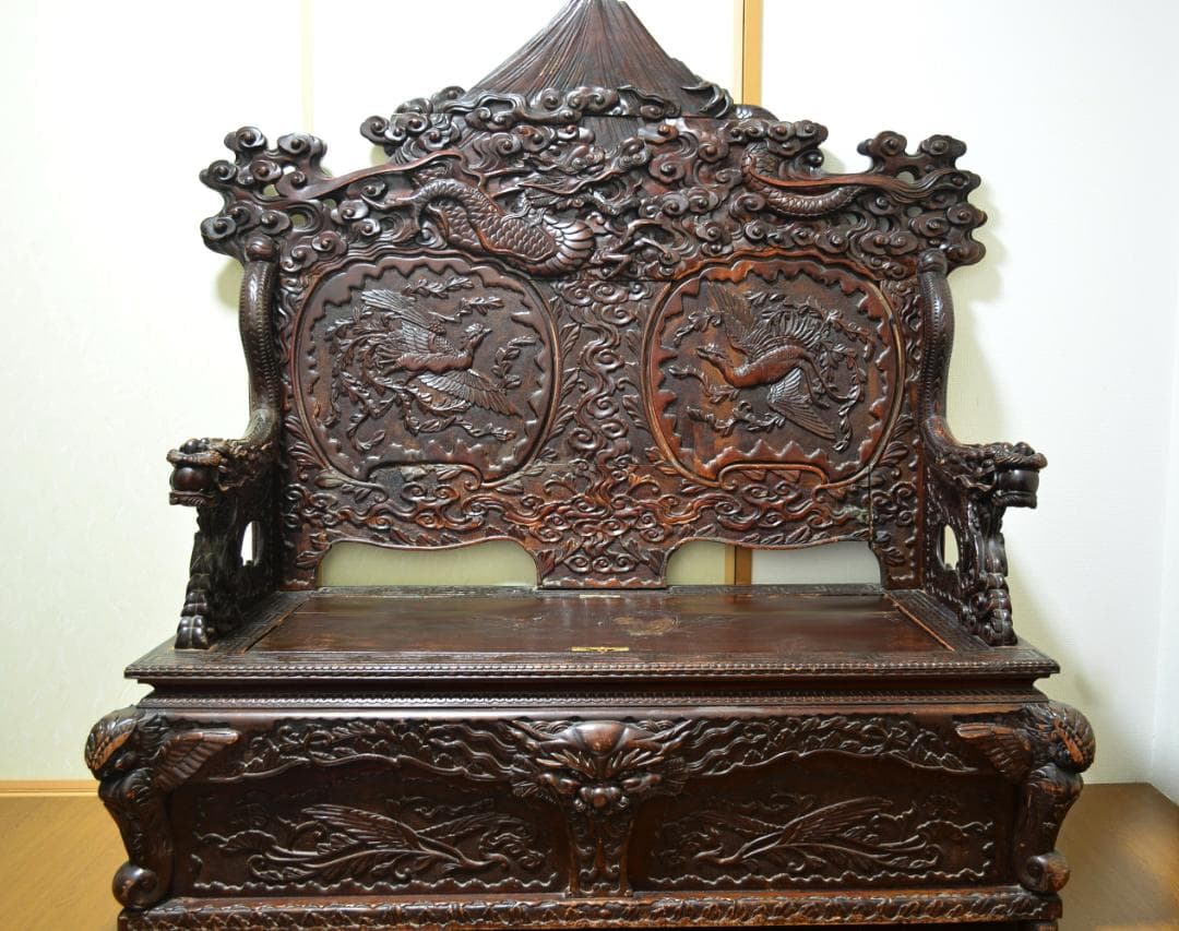 18-19世紀　希少　唐木　龍鳳凰彫刻　中国　長椅子　高級家具　アンティーク
