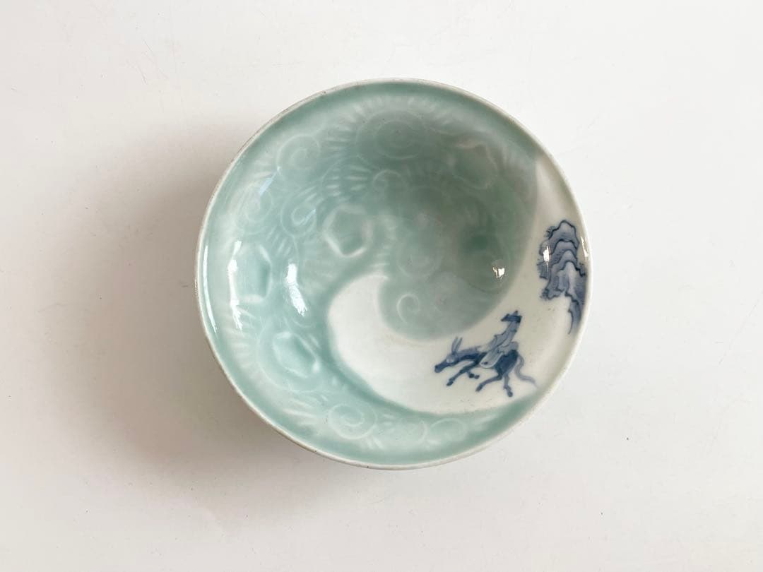 骨董　アンティーク　古伊万里　染付　青磁染付 旅人図　杜子美騎驢文　小皿　深皿