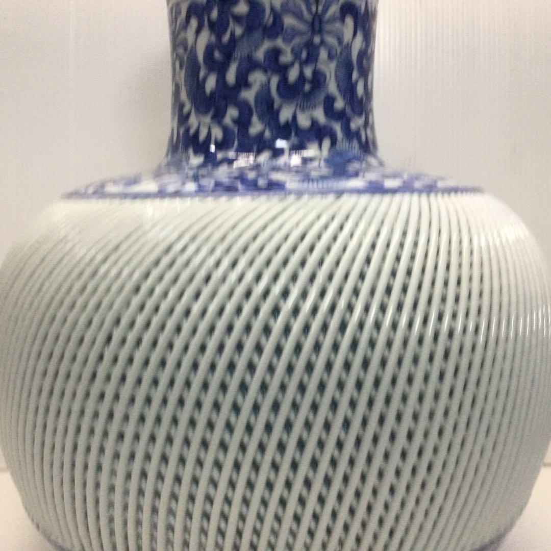 ☆値下げ！有田焼　網目　花瓶　壺　青　白　陶器　豪華！昭和レトロ