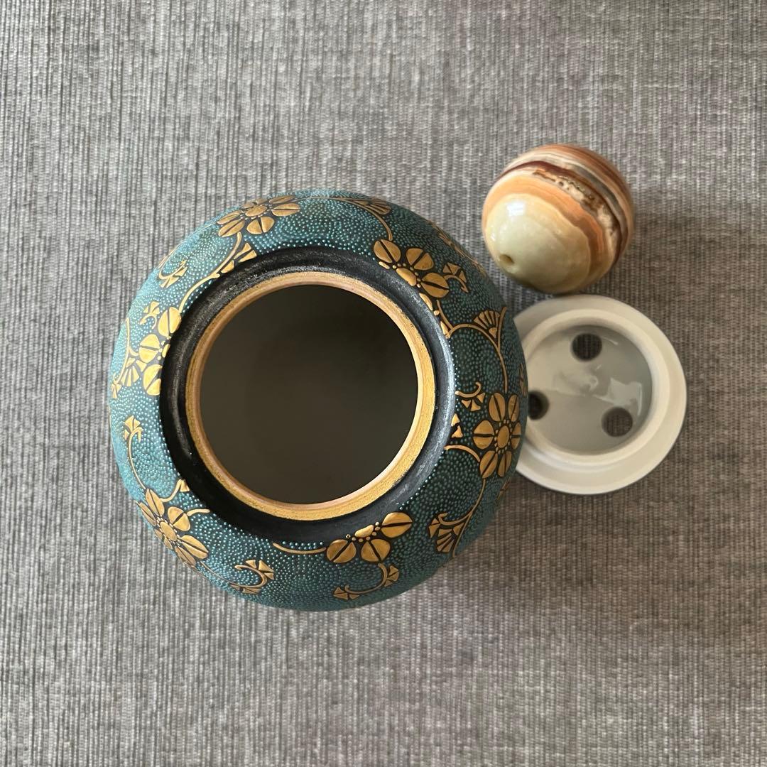 時代物　九谷焼　仲田錦玉 造「渦打青粒 香炉」唐草図 丸形香道具 茶道具