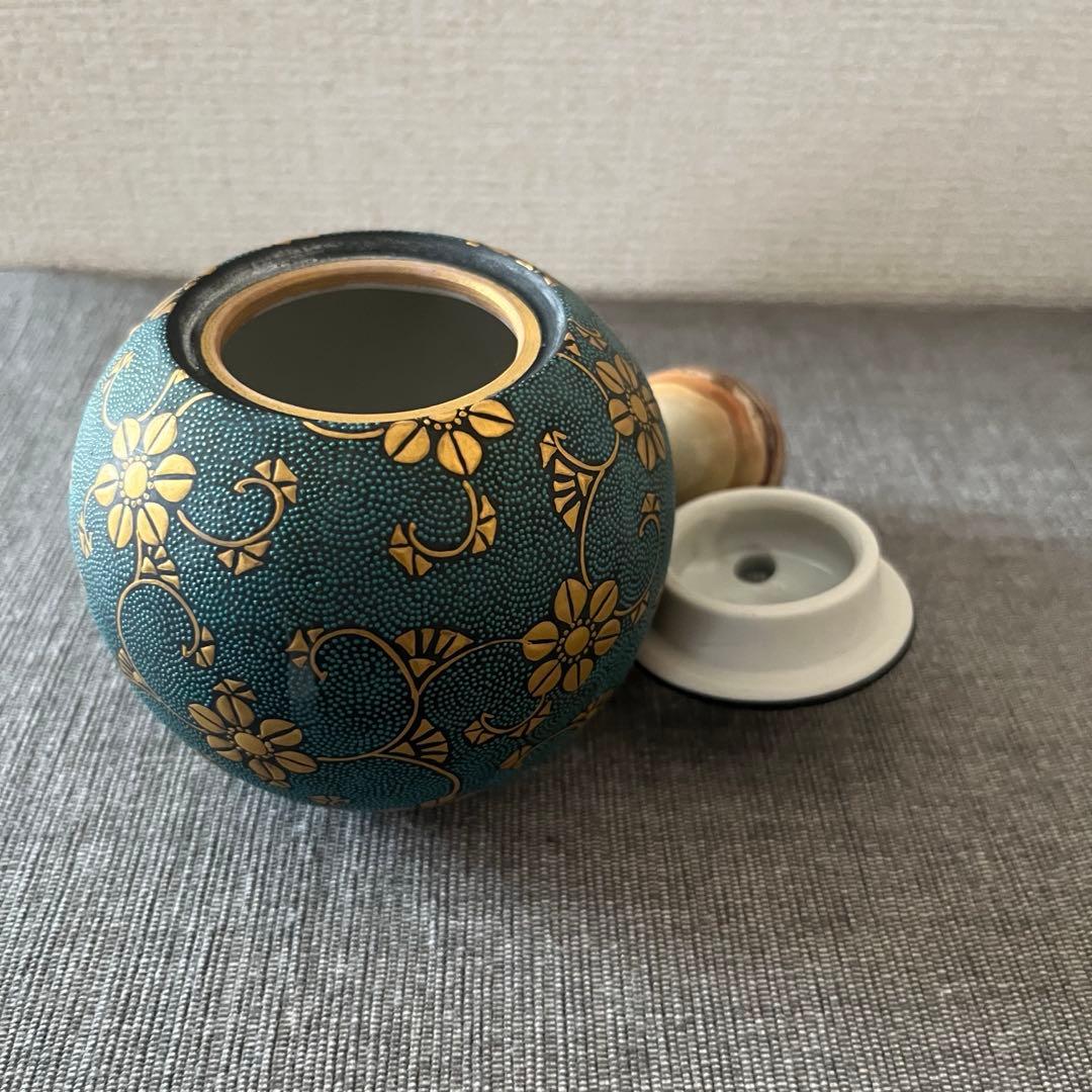 時代物　九谷焼　仲田錦玉 造「渦打青粒 香炉」唐草図 丸形香道具 茶道具