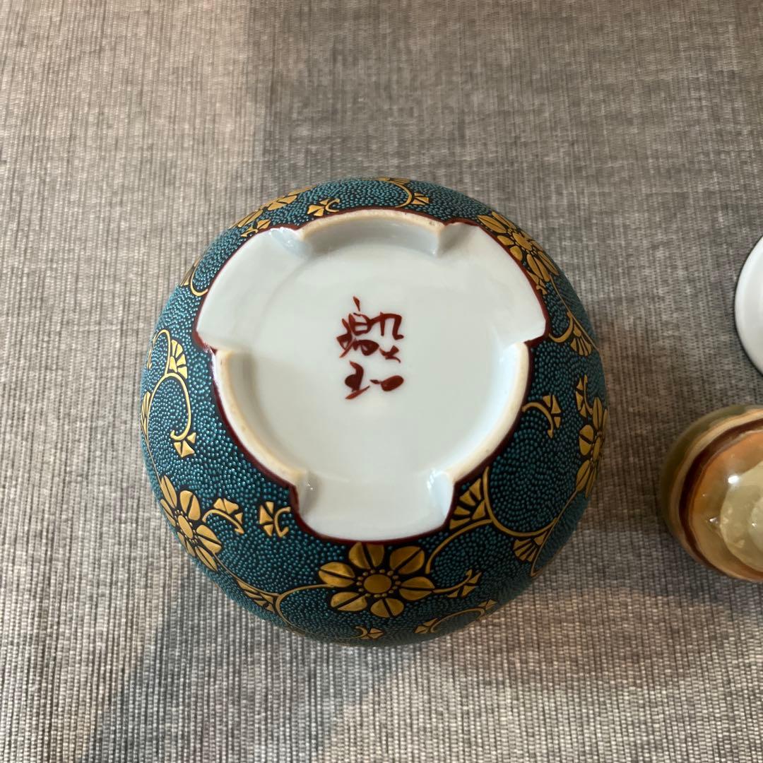 時代物　九谷焼　仲田錦玉 造「渦打青粒 香炉」唐草図 丸形香道具 茶道具