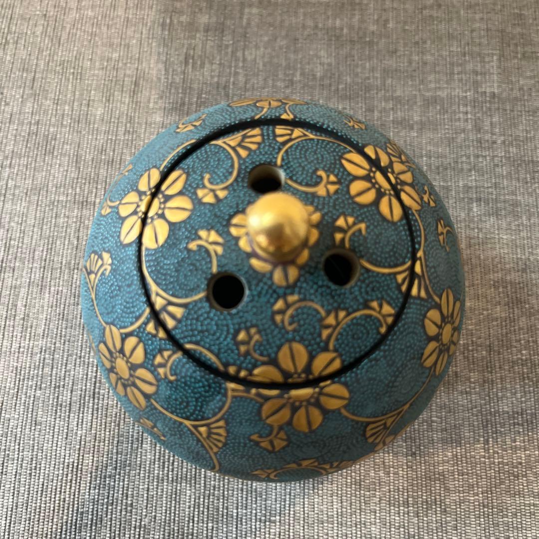 時代物　九谷焼　仲田錦玉 造「渦打青粒 香炉」唐草図 丸形香道具 茶道具