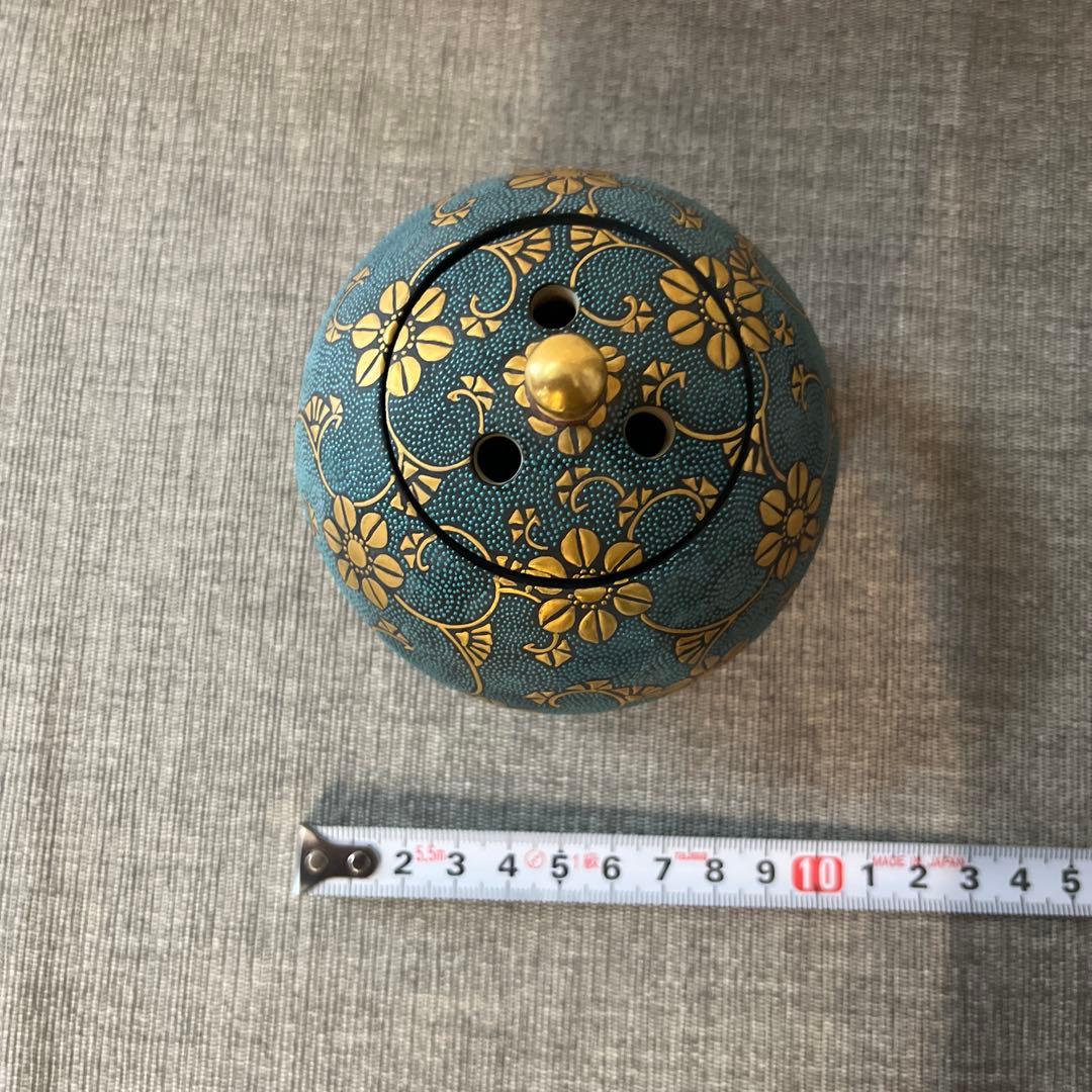 時代物　九谷焼　仲田錦玉 造「渦打青粒 香炉」唐草図 丸形香道具 茶道具