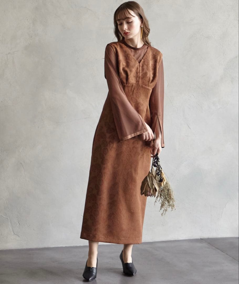 AIMER/ブラウン/S/チュールブラウス付きジャカードIラインパーティードレス