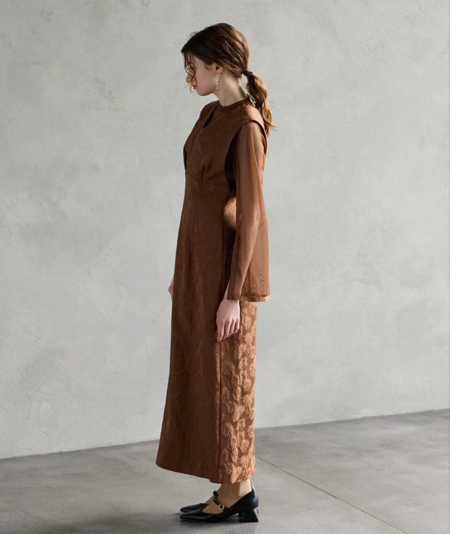 AIMER/ブラウン/S/チュールブラウス付きジャカードIラインパーティードレス