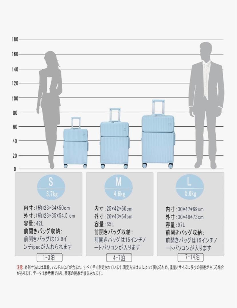 【Ashard 】キャリーケース 水色 大容量Lサイズ