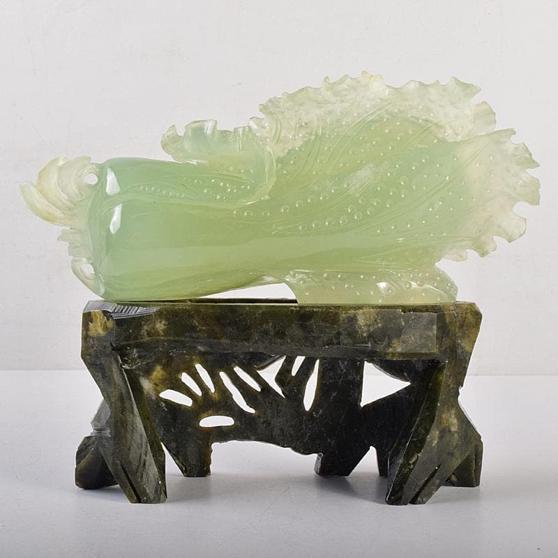 中国　玉石岫玉彫刻　白菜　置物　床飾　御隆坊古代宮廷家俱館証明書付　VR8842