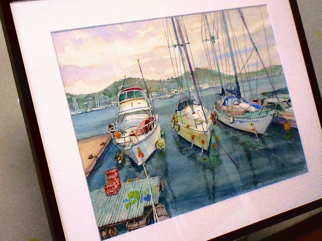 水彩画 浦郷町のヨット 額装あり
