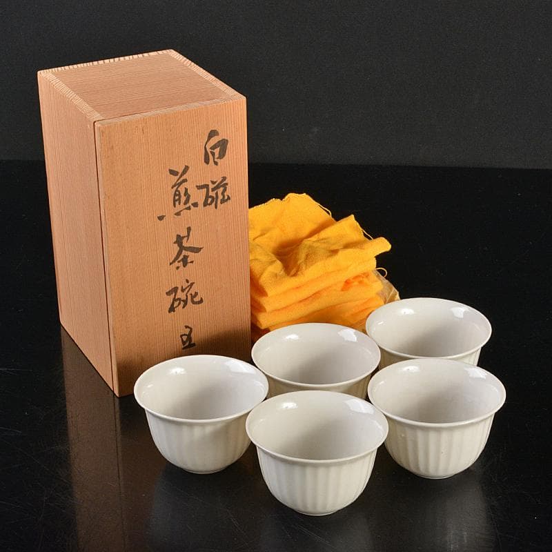 煎茶道具　徳化窯　白磁　線文　煎茶碗　五客　時代箱付　M　R8513