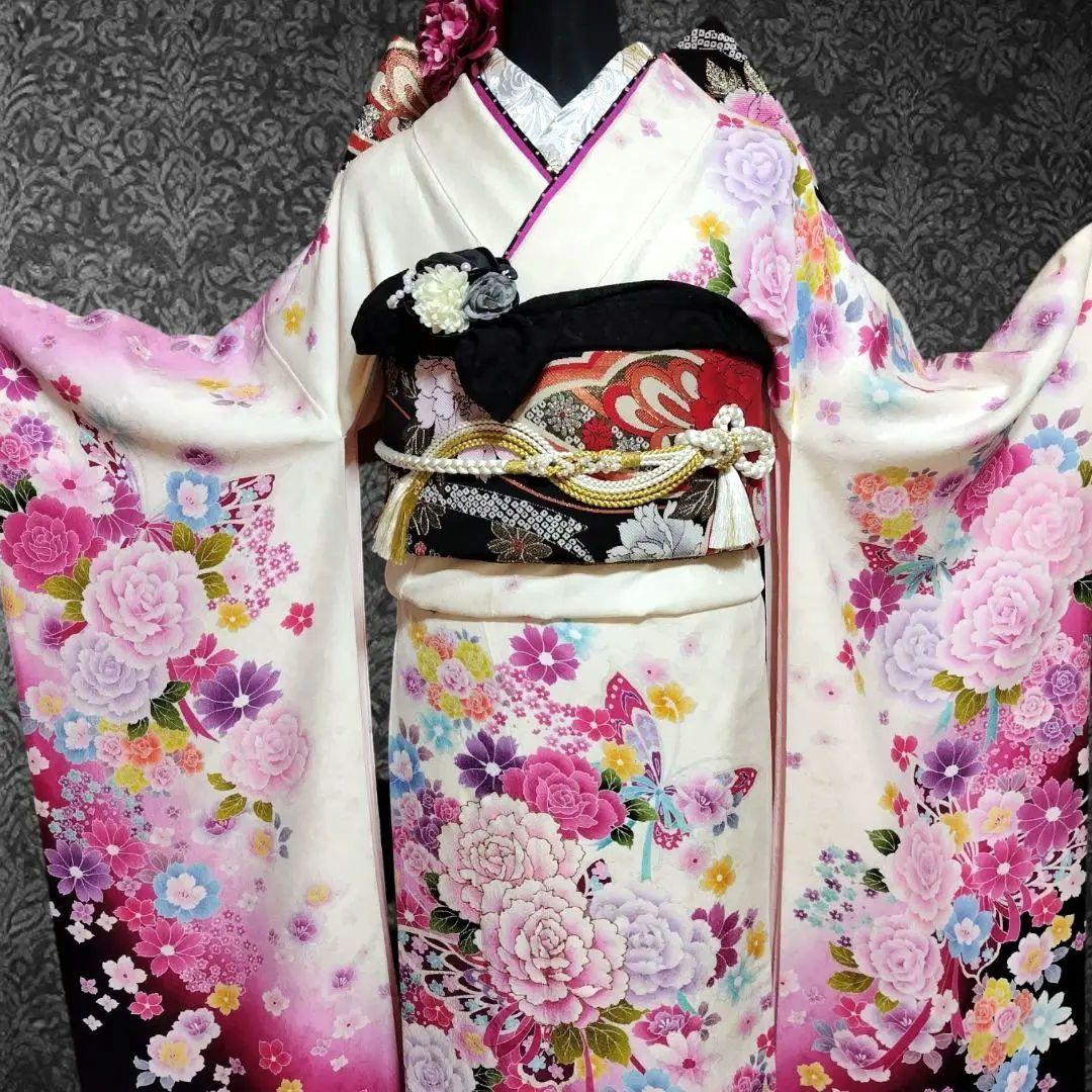 振袖フルセット(8点)・京都きもの友禅・舞蝶牡丹・花模様・逸品