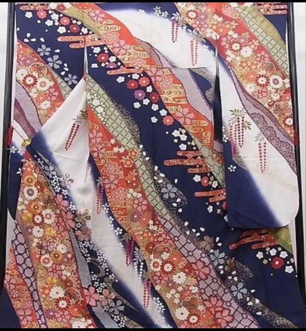正絹 振袖 紺×白 豪華古典柄 金通し 高身長対応 身丈171.5