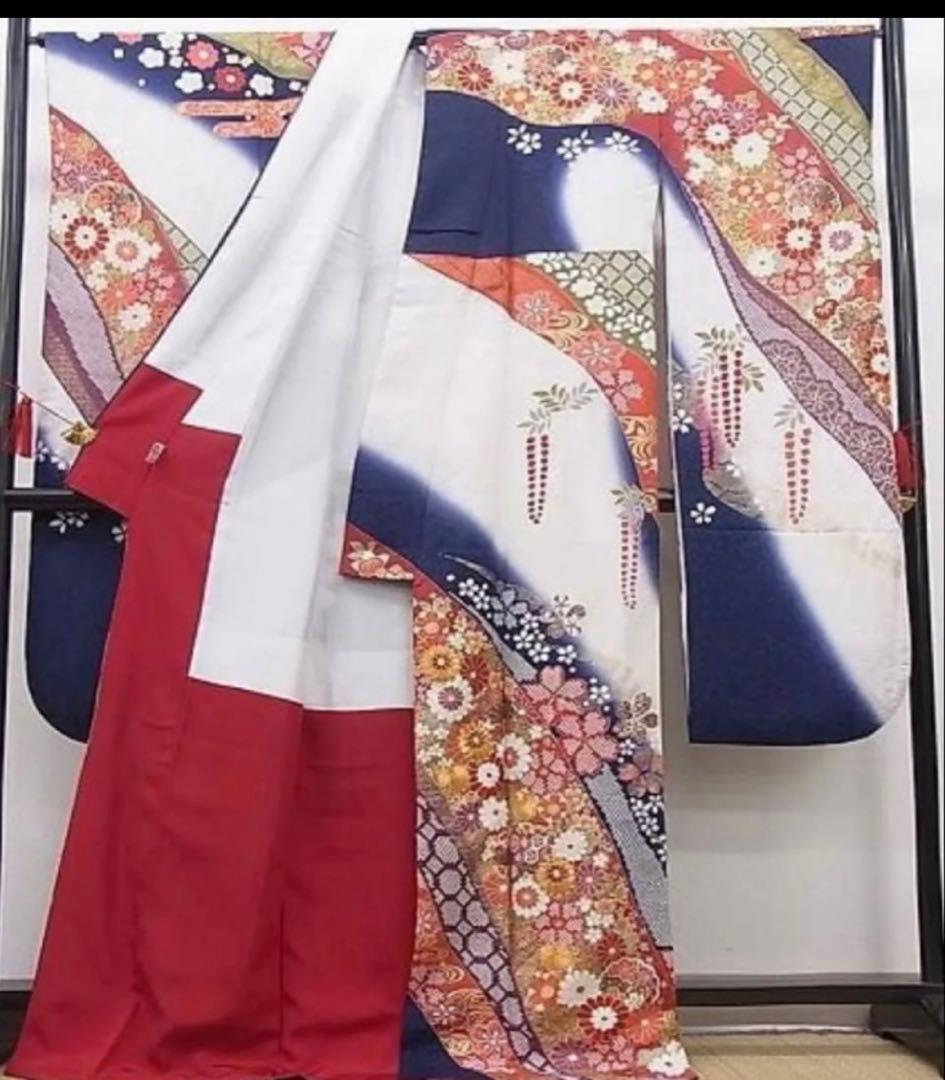 正絹 振袖 紺×白 豪華古典柄 金通し 高身長対応 身丈171.5