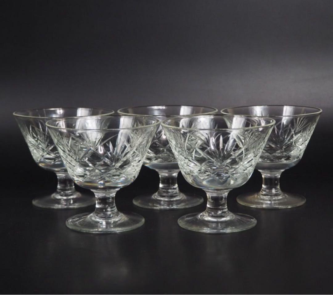 送料無料　ビンテージ　カットガラスサンデーカップ5客　気泡有