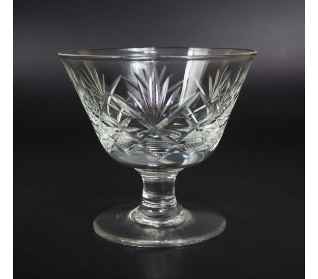 送料無料　ビンテージ　カットガラスサンデーカップ5客　気泡有