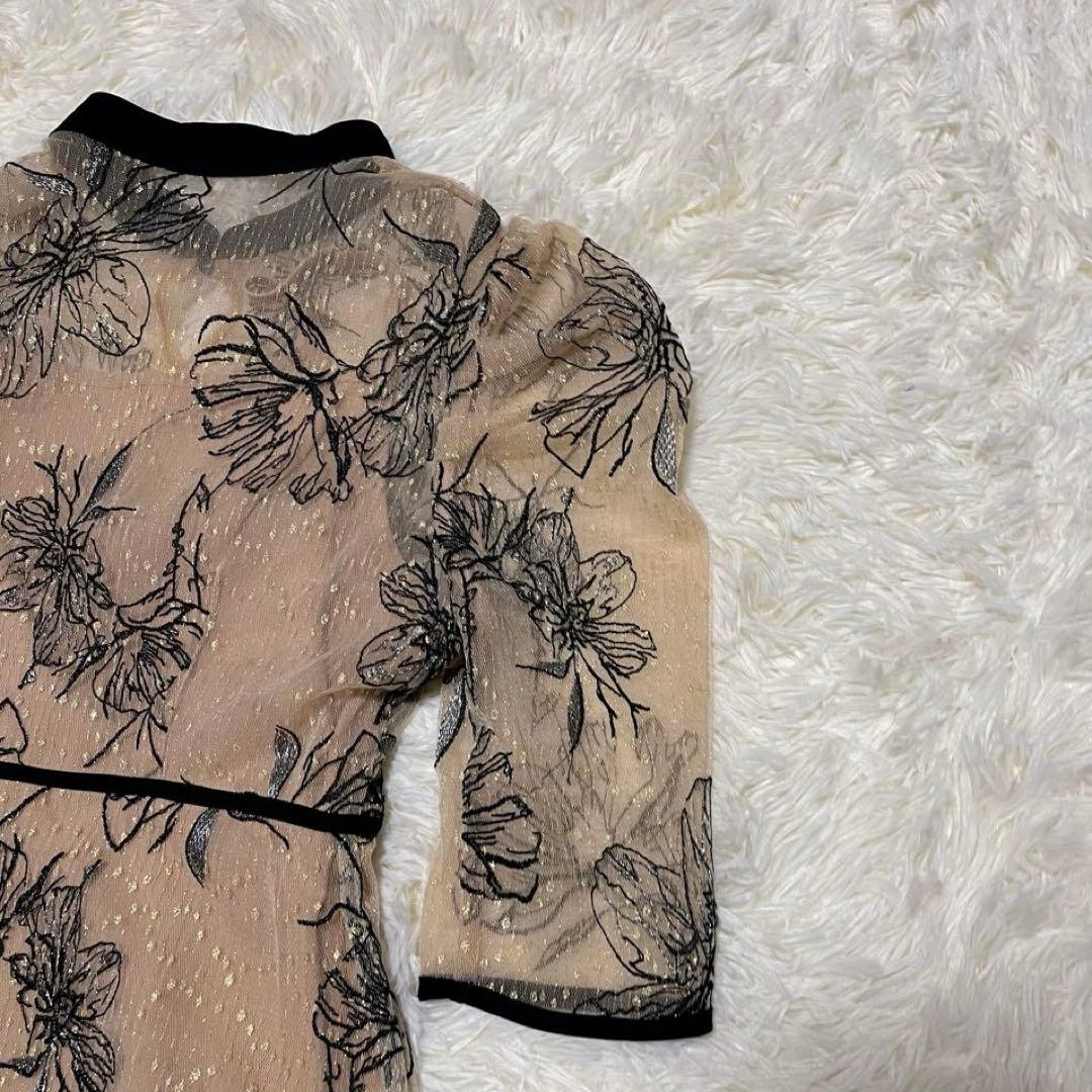 Leja 配色パイピング花柄刺繍ラメワンピースドレス ベージュ　S