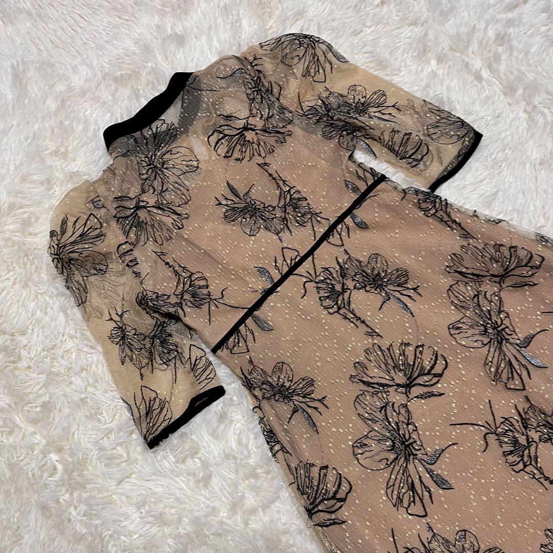Leja 配色パイピング花柄刺繍ラメワンピースドレス ベージュ　S
