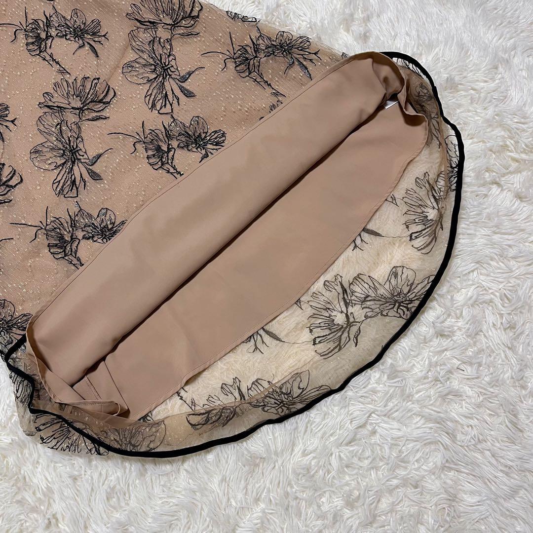 Leja 配色パイピング花柄刺繍ラメワンピースドレス ベージュ　S