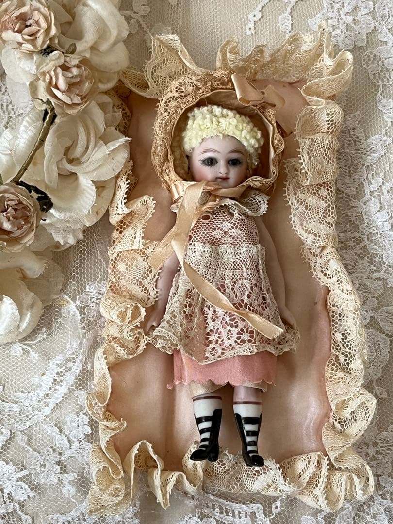 アンティークヴィンテージビスクドールミニョネット ボックスローズリボンレース