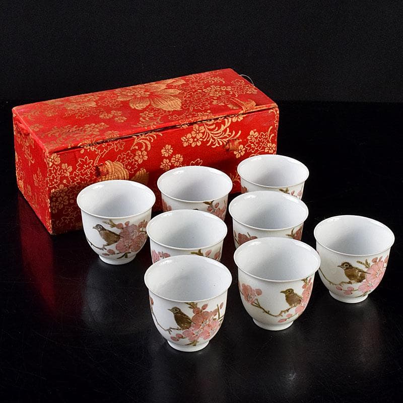 中国　乾隆年製款　薄胎　粉彩　鳥桜文　煎茶碗　八客　V　R7584