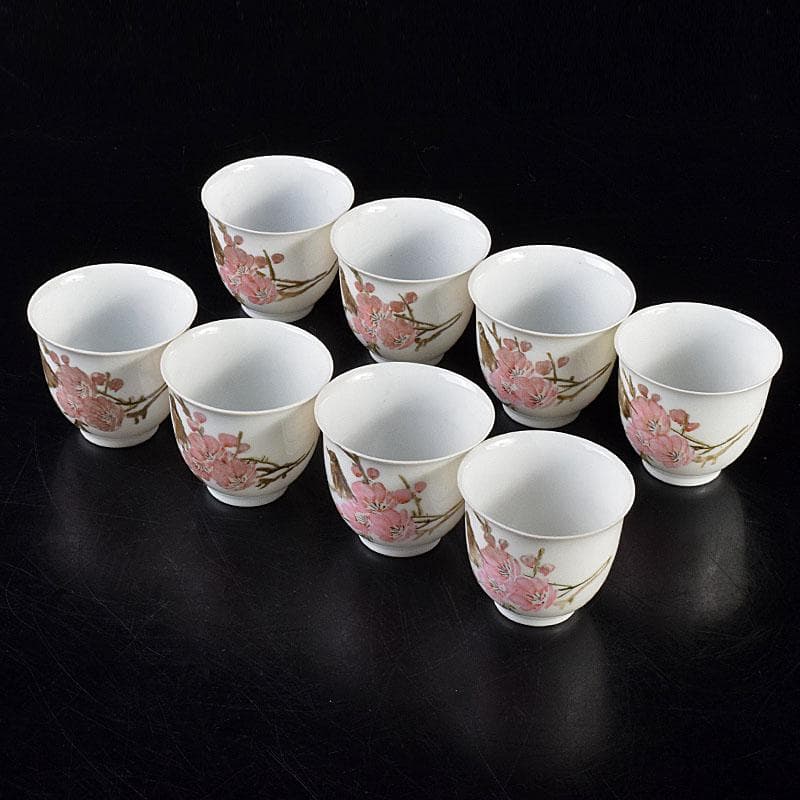 中国　乾隆年製款　薄胎　粉彩　鳥桜文　煎茶碗　八客　V　R7584