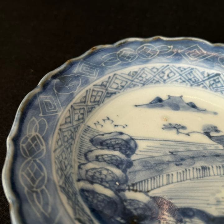 古伊万里　染付　山水文　輪花小皿　5枚