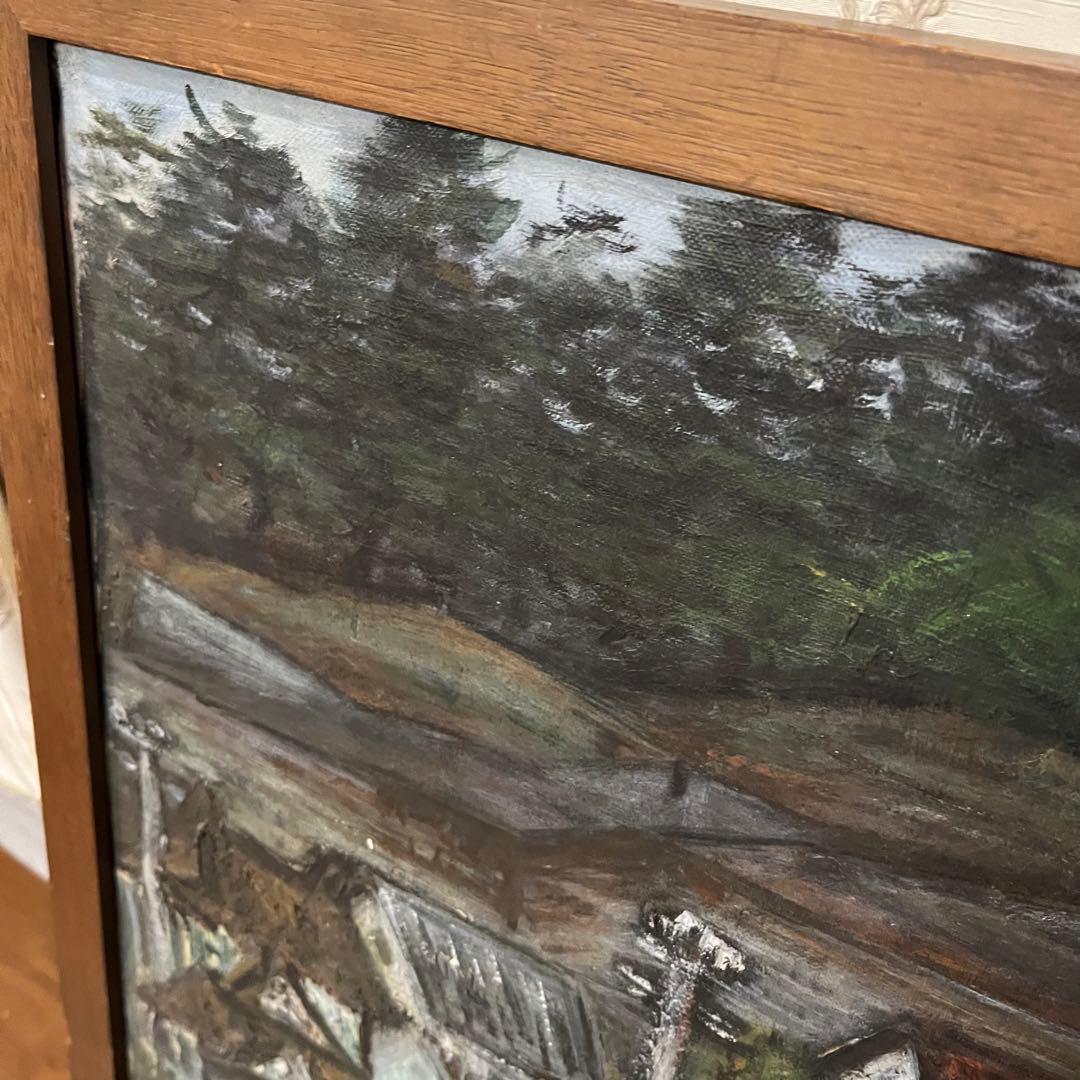【アンティーク】額縁 額装 絵画 油絵 油彩 風景画 家 山村 田舎 川 葉っぱ