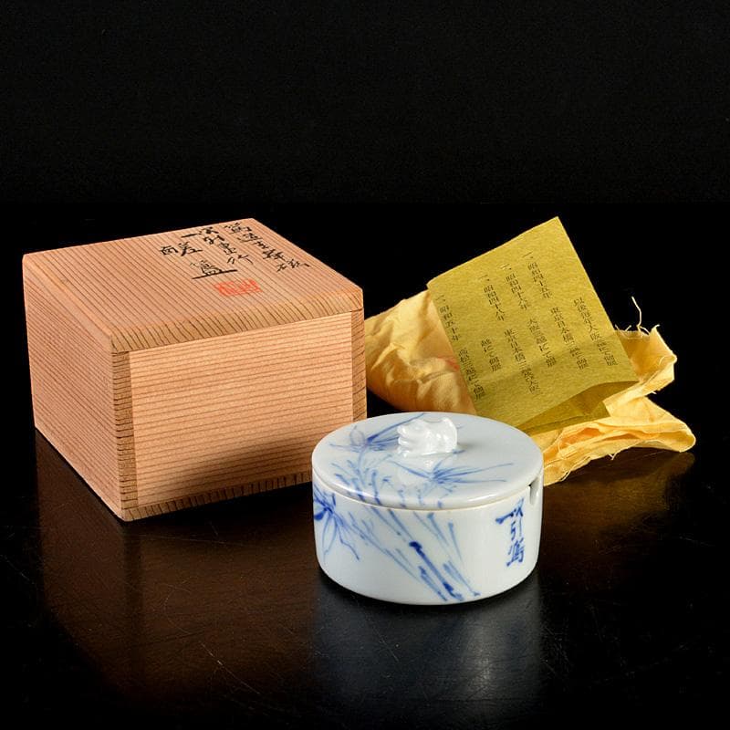 京焼　三浦篤造　青華磁　坂田習軒画　花文　蓋灰皿　共箱　V　6448