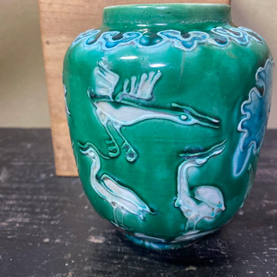 中国古玩　鷺文法華花瓶【桐箱付】10cm13.5cm