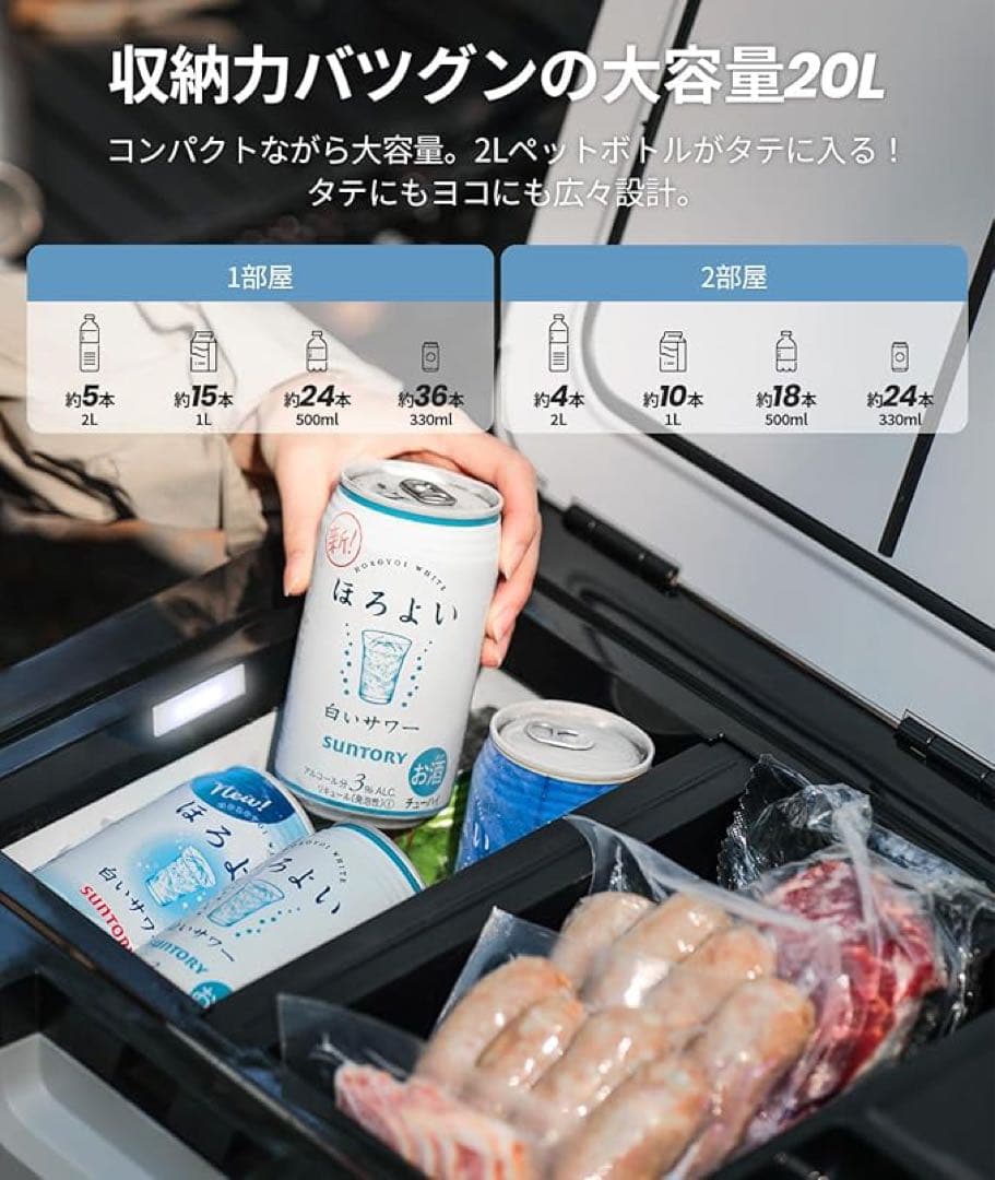 車載冷蔵庫　20L 2室独立温度制御　コンプレッサー式　静音　キャスター付き