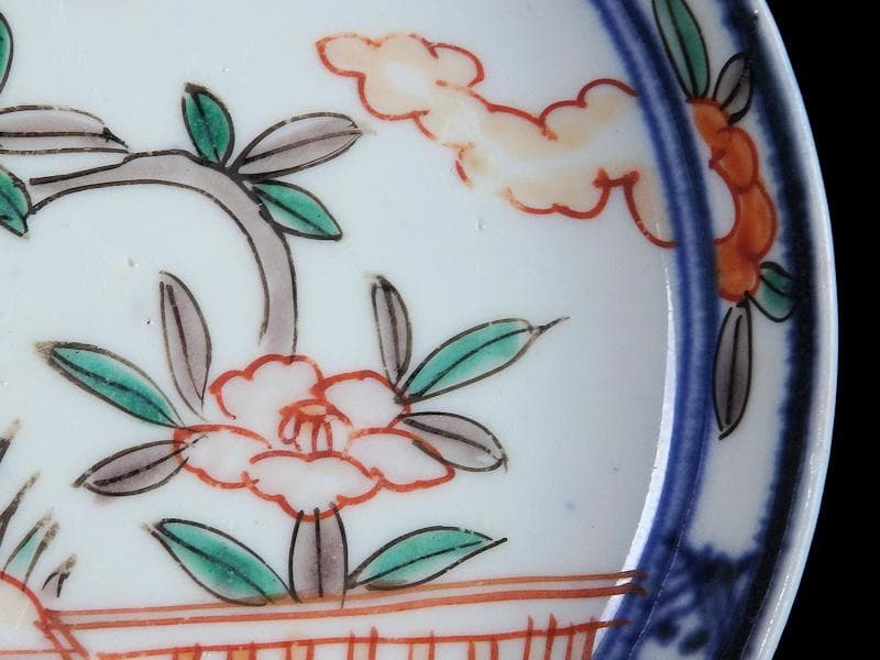 古伊万里　色絵　垣根に椿の図　4寸皿　５枚　F018AS-fbrn