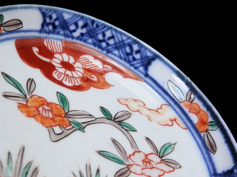 古伊万里　色絵　垣根に椿の図　4寸皿　５枚　F018AS-fbrn