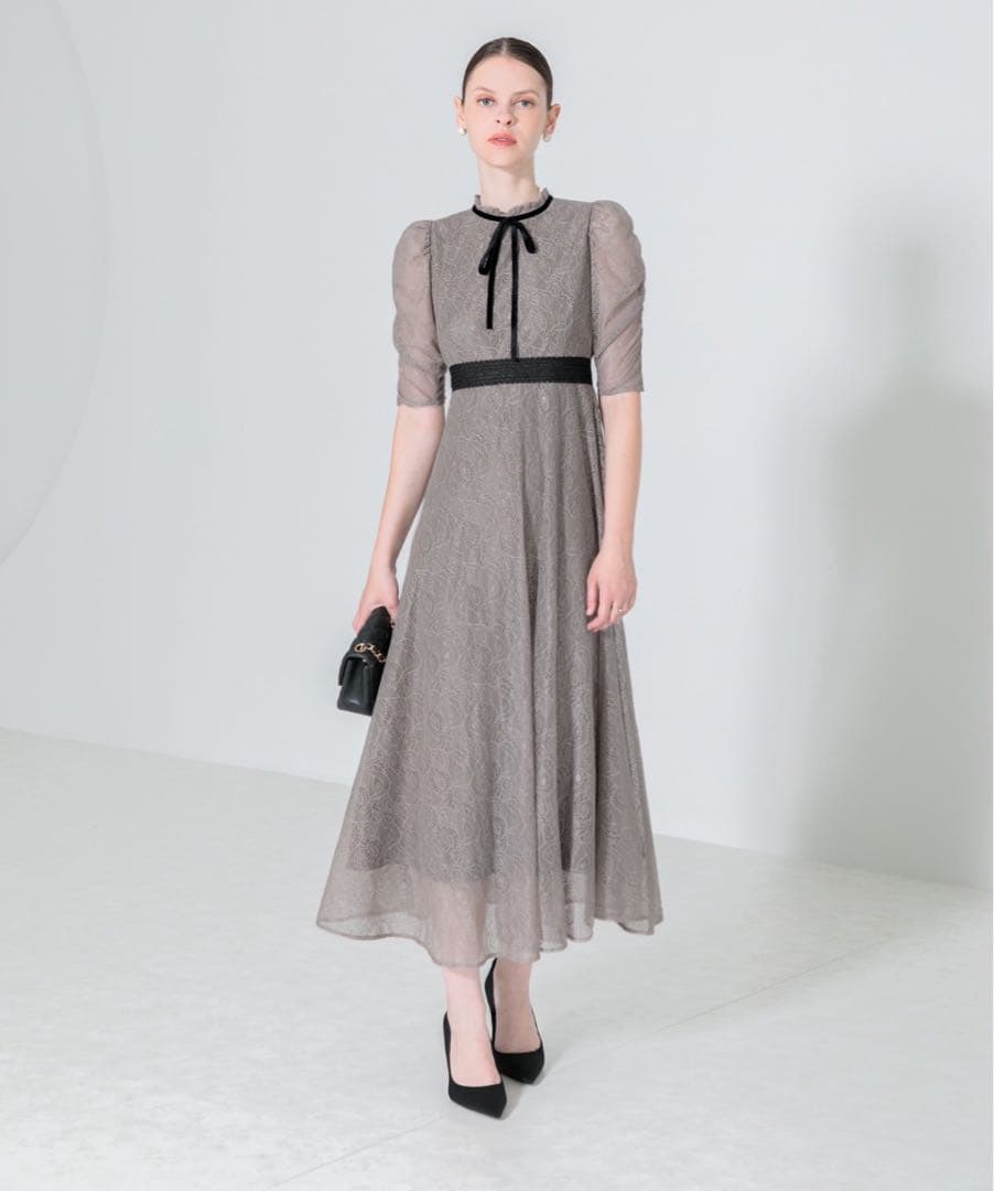 leja ウエストマークパフスリーブ総レースロングドレスワンピース　Sサイズ