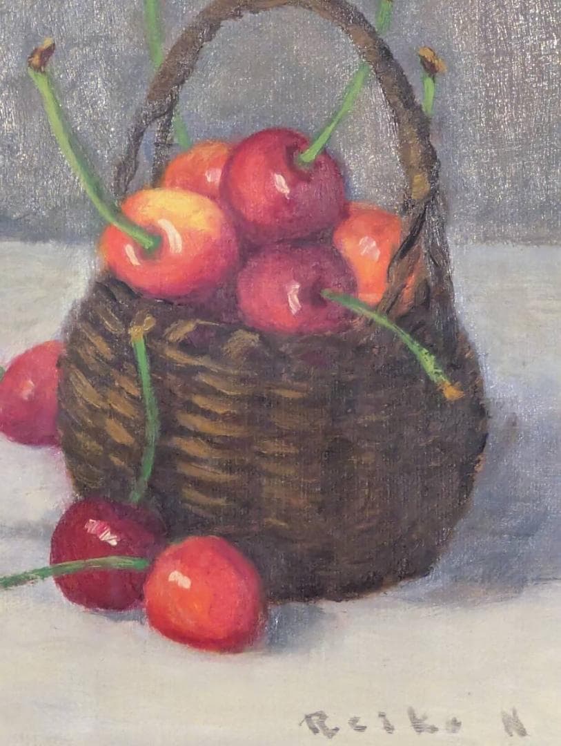 【真作】絵画　長生玲子　油彩SM　籠のさくらんぼ　優雅な筆致が映える静物　Y90