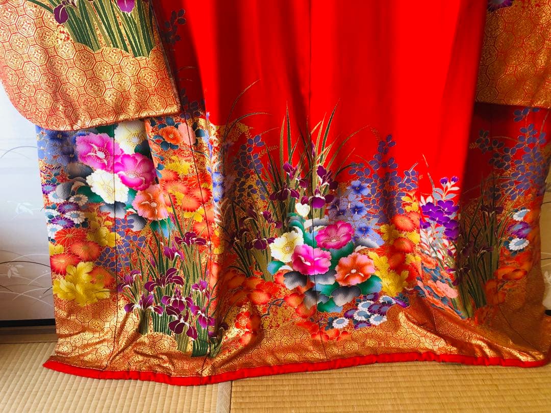 【なみ豪華美品】引き振袖　アンティーク　朱色花柄