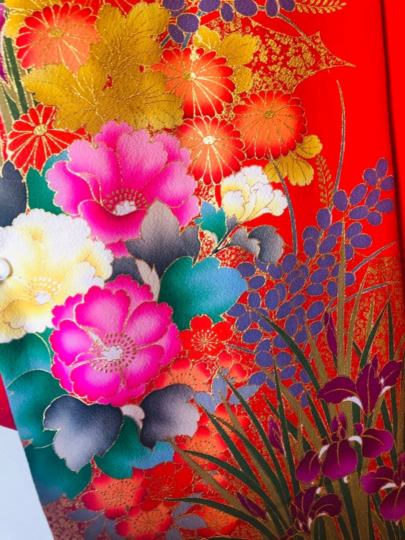 【なみ豪華美品】引き振袖　アンティーク　朱色花柄